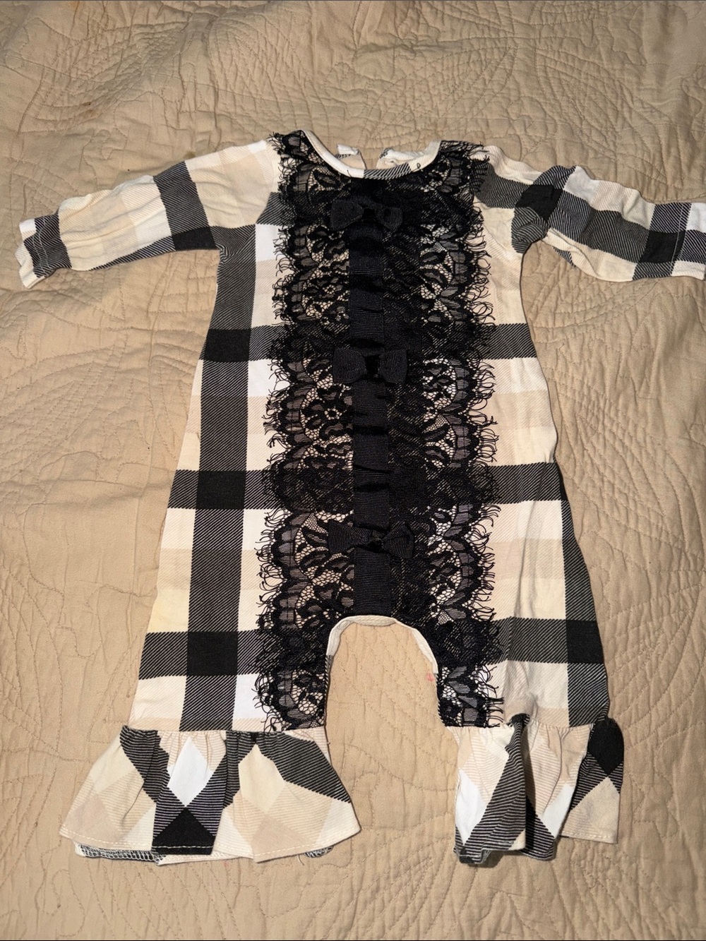 Black & Cream Plaid Lace-Front Baby One-Piece